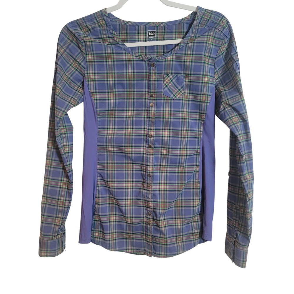 REI Co-op Womens Small Purple Plaid Long Sleeve Hiking Snap Button Shirt Top
